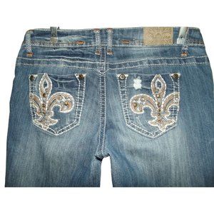 Rue21 Jeans 7/8 Low Rise Skinny Embroidered Fleur-de-lis Pockets destroyed